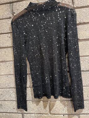 Black Glitter Star Long Sleeve Sheer Mesh Top With High Collar & Shoulder Detail